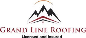 Logo for Grand Line Roofing, featuring stylized black and red rooftops with an orange arc above, and the tagline “Exteriors and Interiors” below the company name.