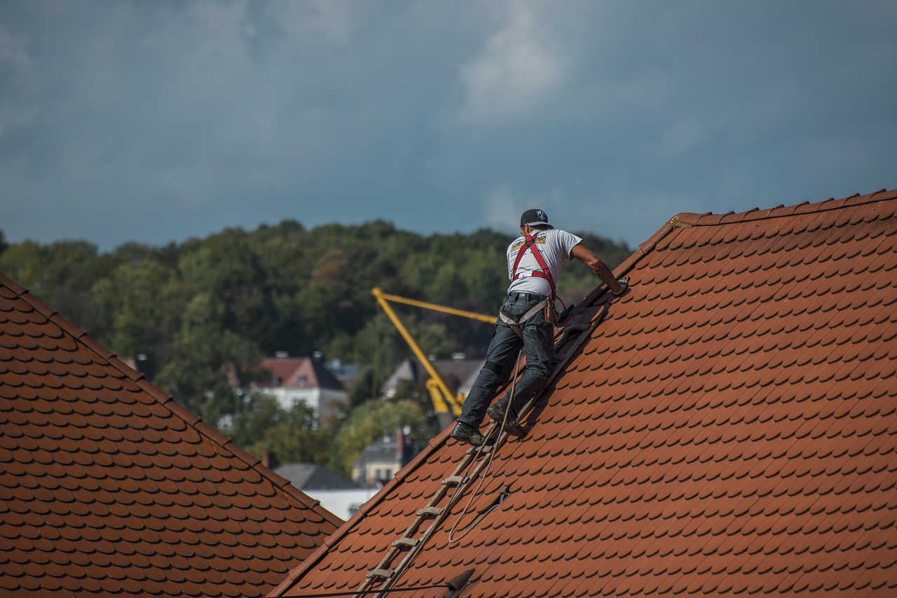 A worker wearing safety gear stands on a sloped tile roof, using a ladder and rope. Trees and buildings are visible in the background under a partly cloudy sky, respecting site protocols and Privacy Policy standards.